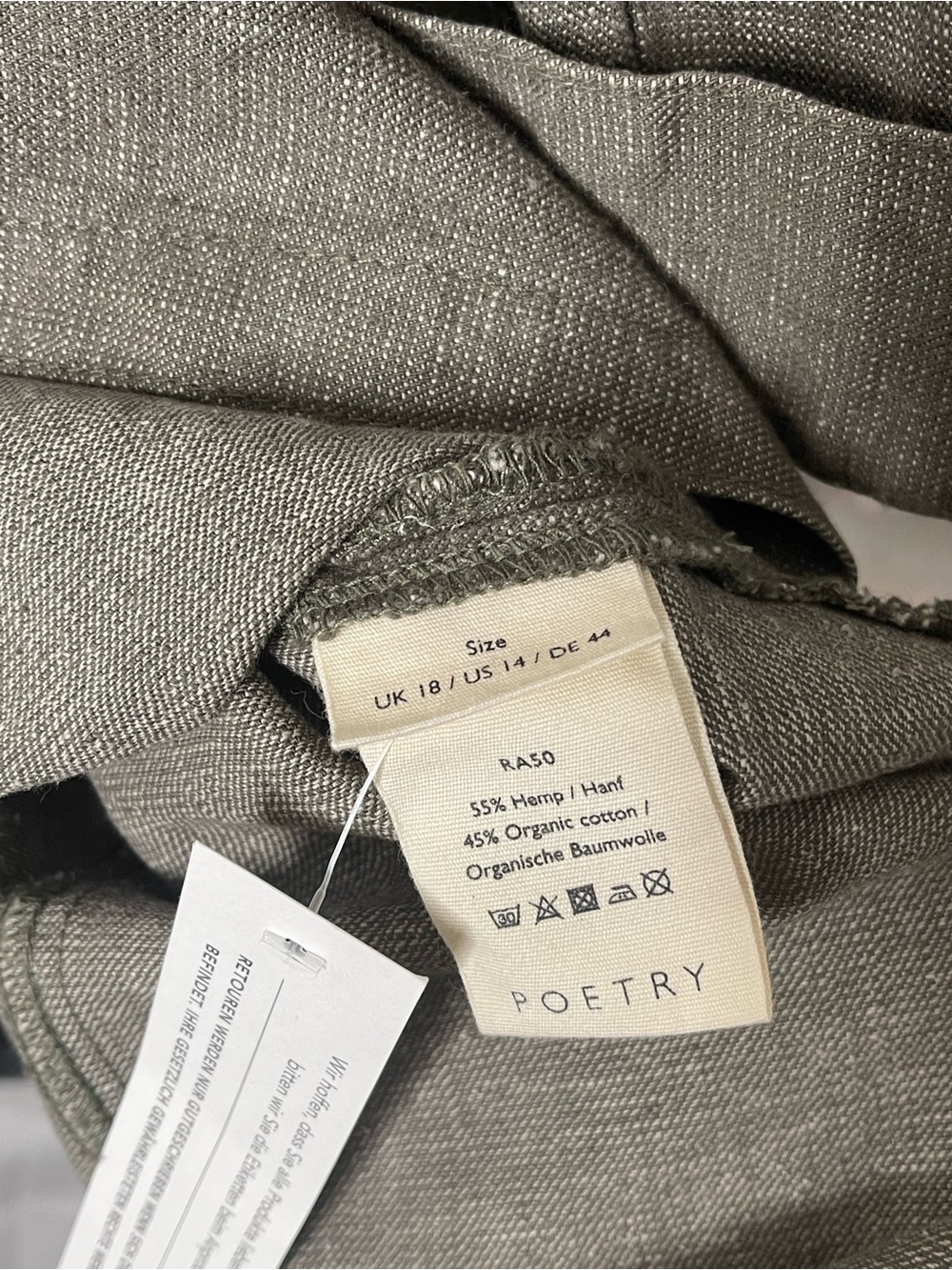 Poetry NWT Hemp Organic Cotton Long Sleeve Dress Olive Green Size US 14 - Picture 8 of 8